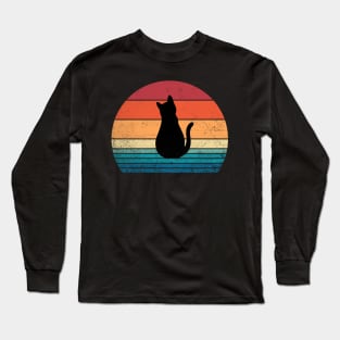 Black Cat Sitting Retro 80s Style Sunset Cute Kitten Vintage Funny Cat Long Sleeve T-Shirt